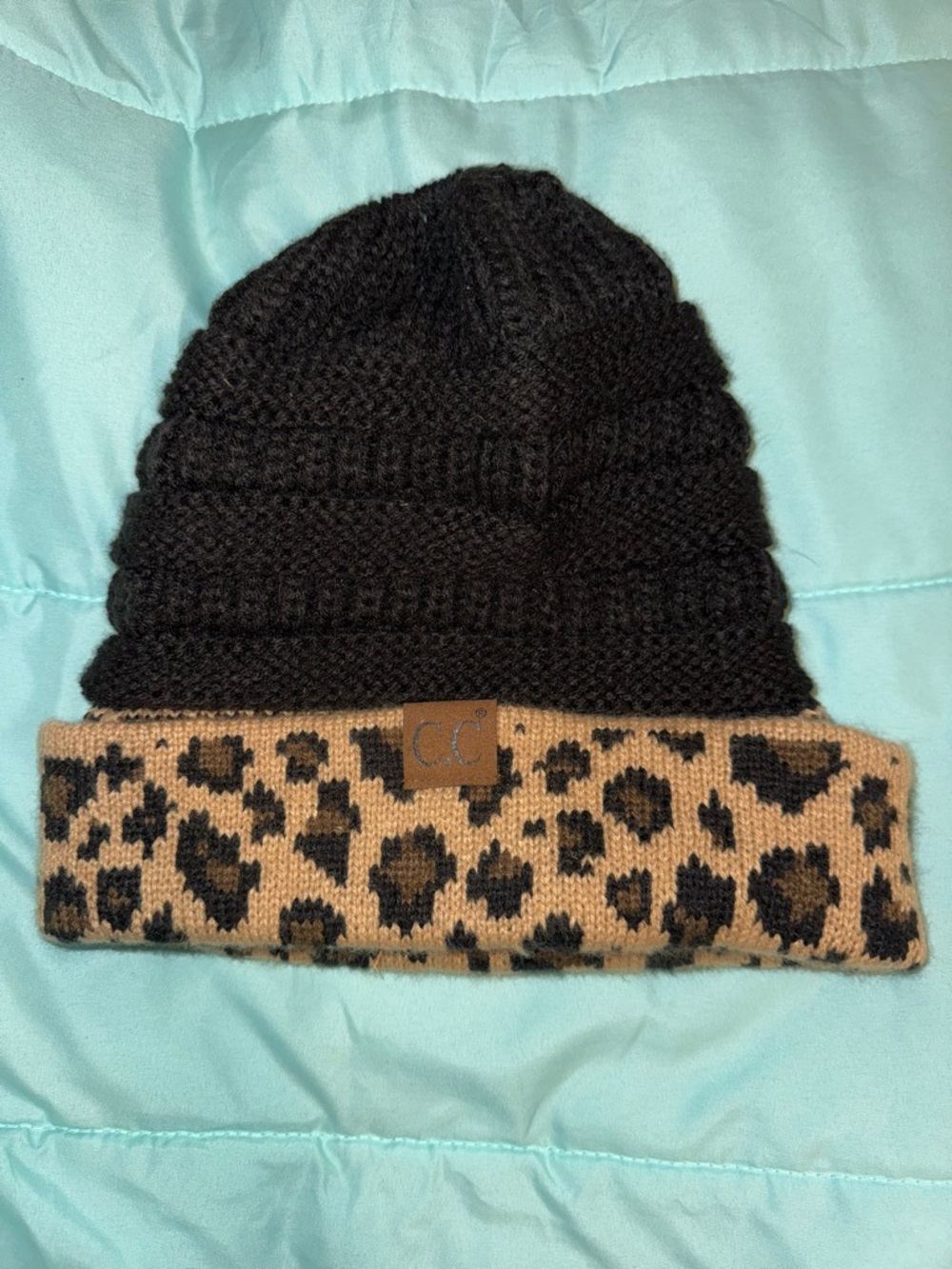 CC Boutique pony tail Black Beanie with Leopard-Print Cuff